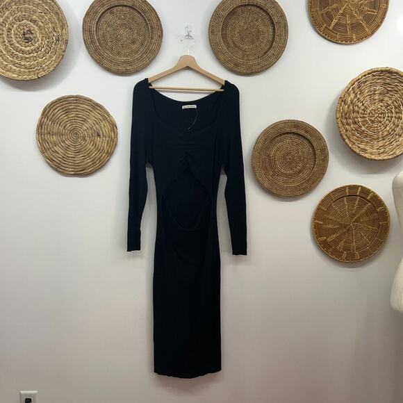NEW Abercrombie Black Long Sleeve Cut Out Ribbed Knit Midi Sweater Dress XL - Picture 2 of 7